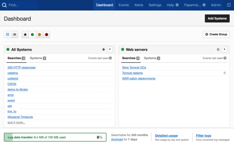 Papertrail Dashboard