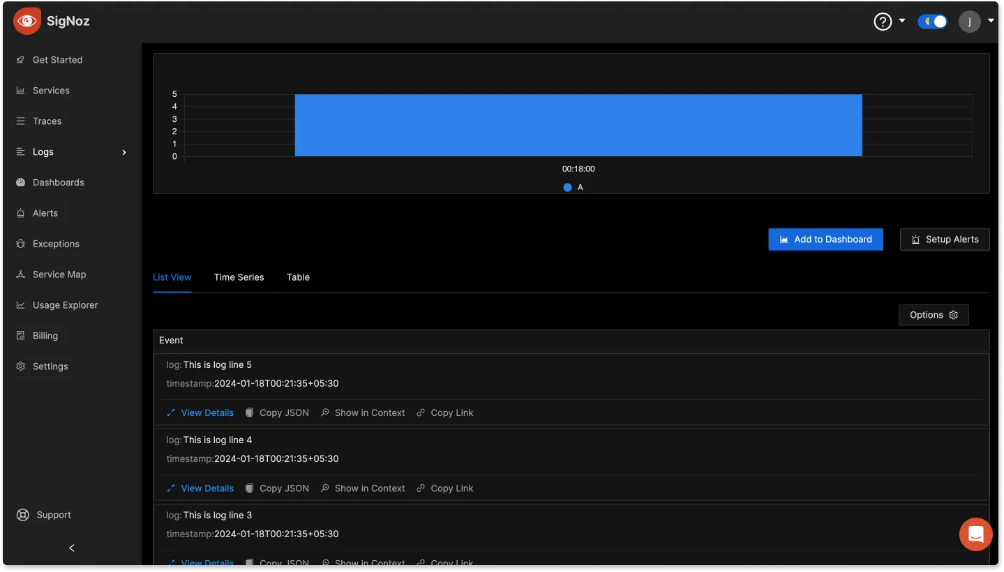 Logs of the dummy app.log file visible in SigNoz