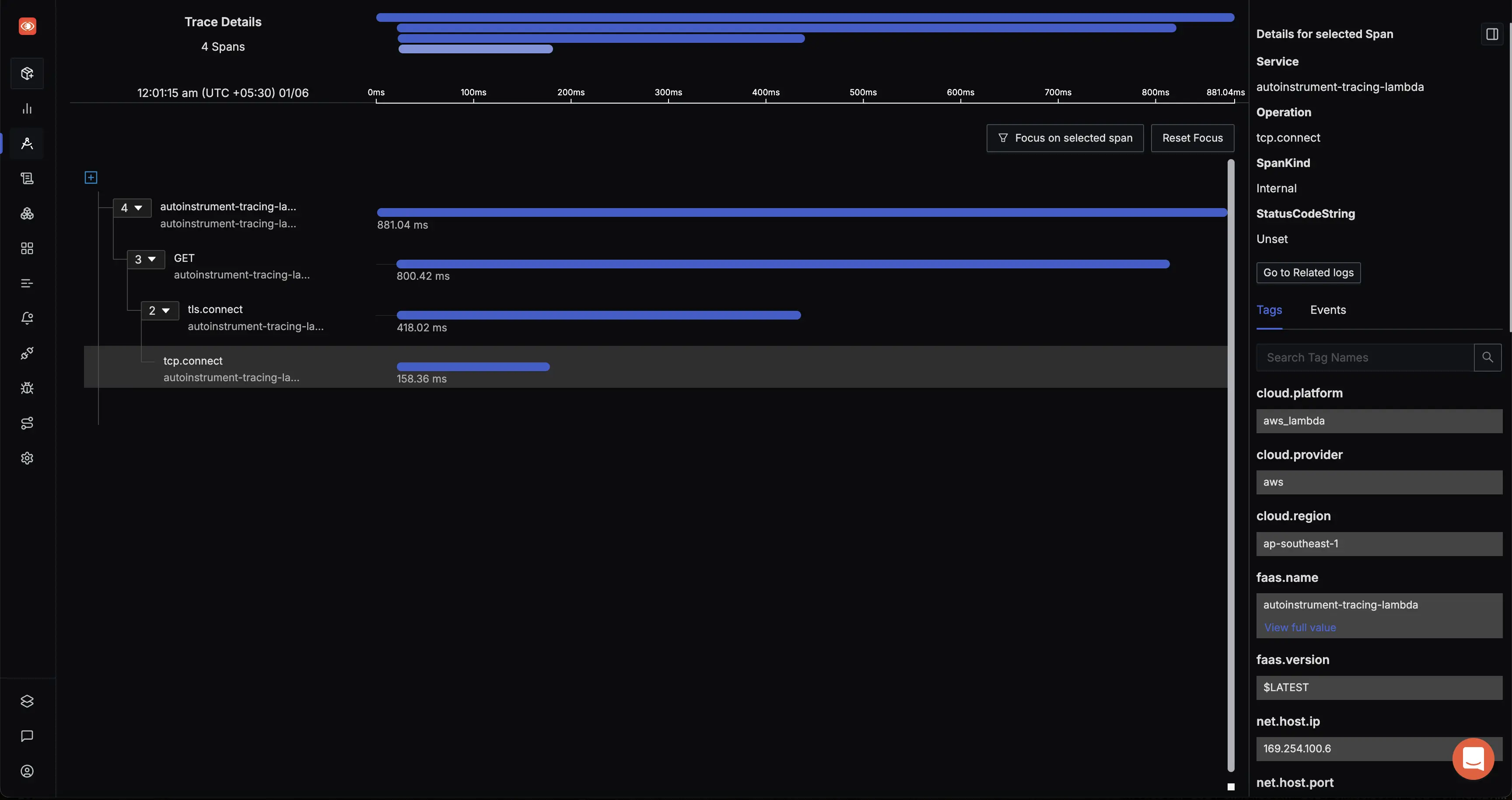 AWS Lambda Auto-Instrumented Trace