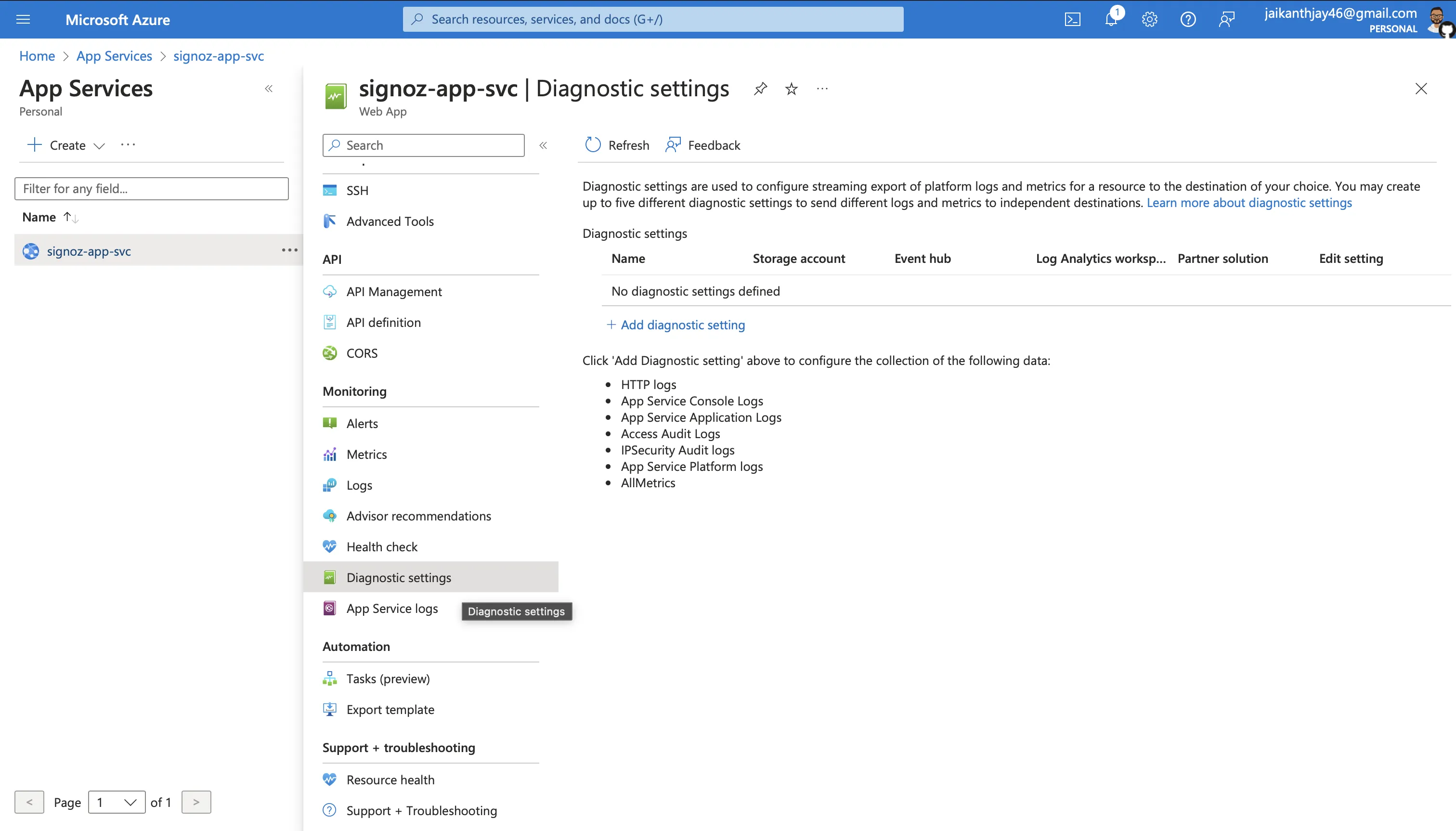 App Service Diagnostic Settings