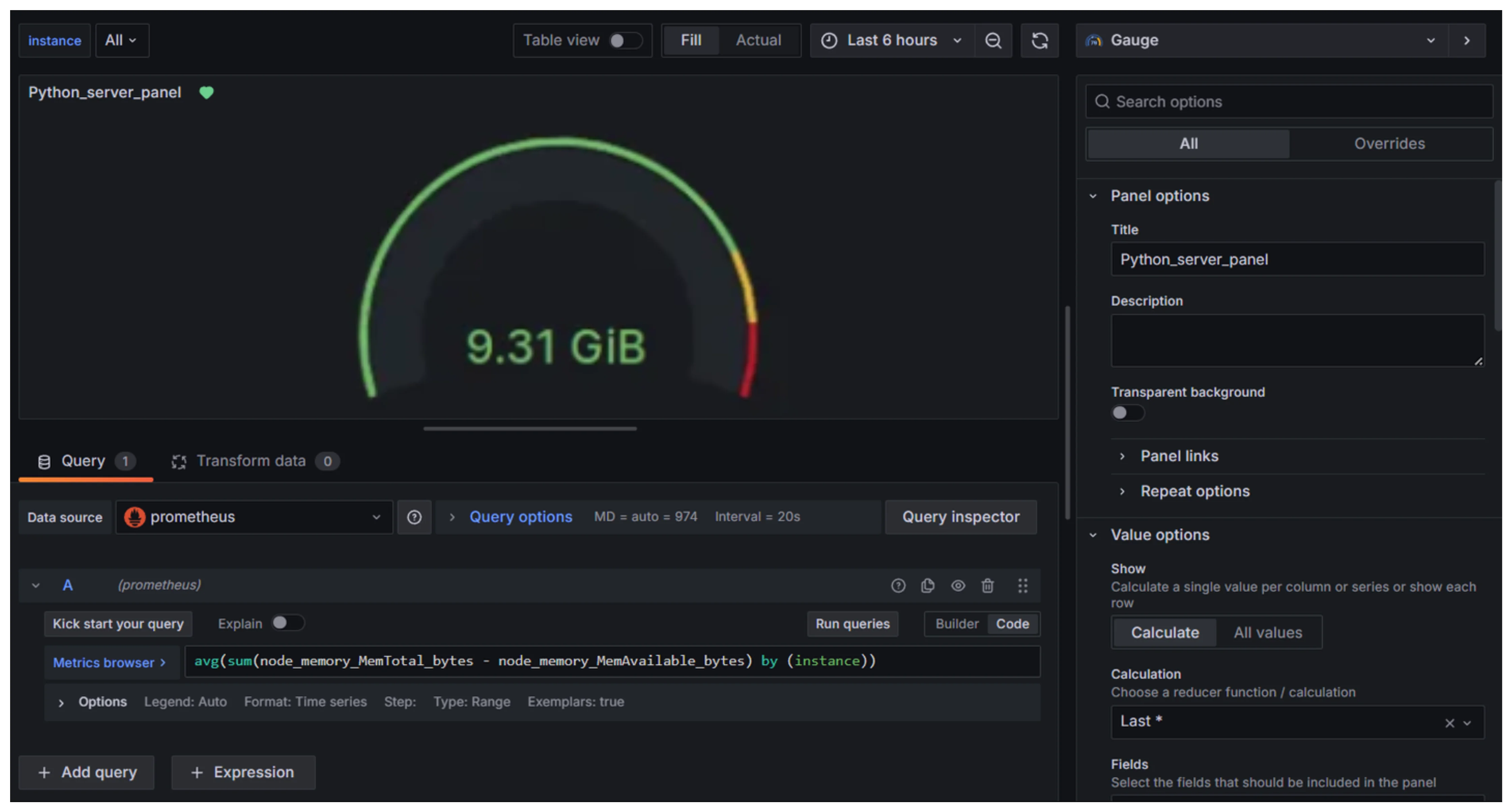 Dashboard panel for Average memory usage in Grafana