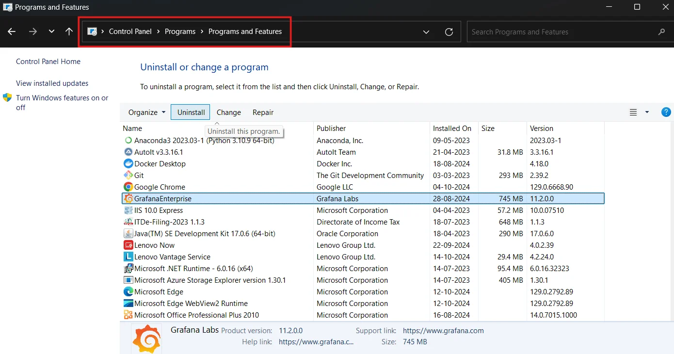 Uninstall Grafana using Windows Control Panel